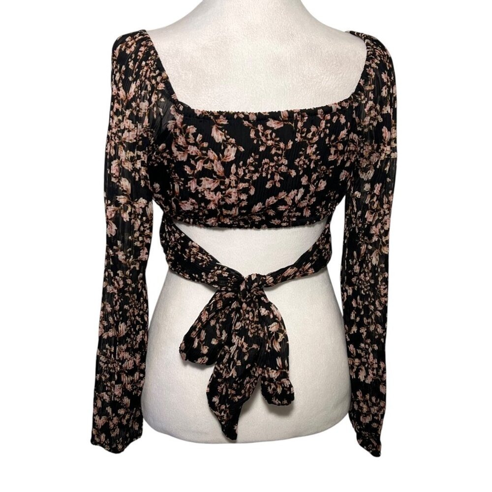 Floral Coquette Boho Crop Top Small Plisse Long Sleeve Bow Black Cottage Fairy